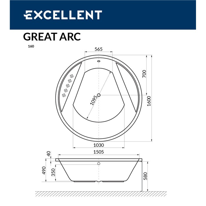 Excellent Great Arc Ванна гидромассажная Line 160x160 см, акрил, цвет: белый глянец, фурнит. бронза WAEX.GRE16.LINE.BR