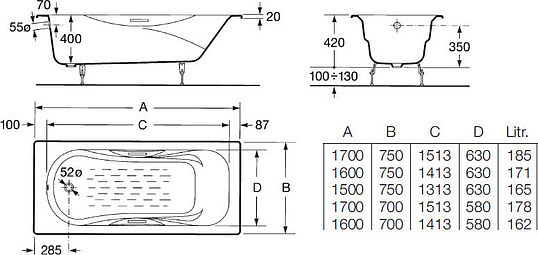 Roca Malibu Ванна чугунная 170х75 см, без ножек, цвет: белый глянцевый 230960000