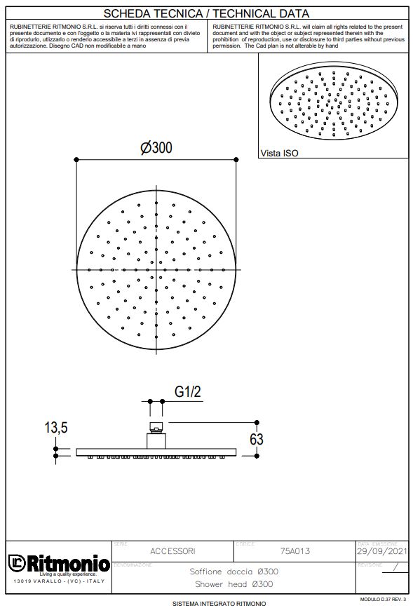 Ritmonio Верхний душ круглый d30 см, с 1 видом струи, цвет: ix brushed 75A013IX