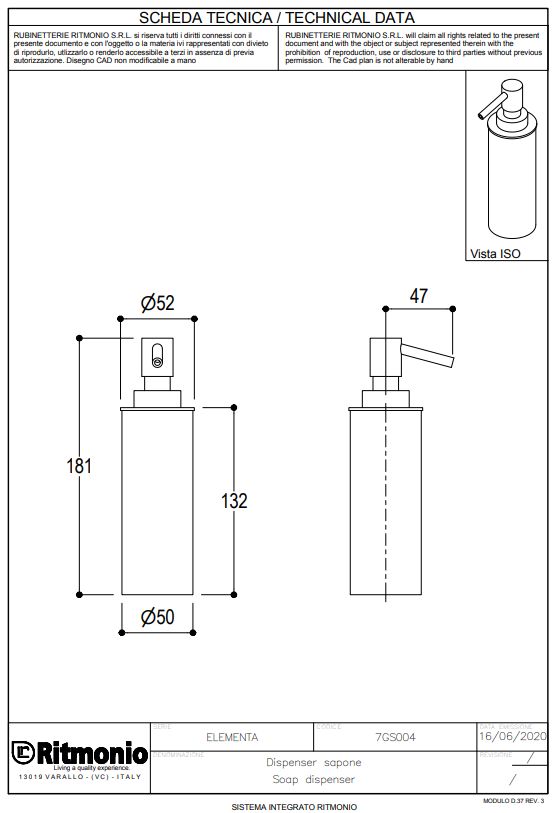 Ritmonio Elementa Дозатор для мыла, встраиваемый, с латунной колбой, цвет: ix brushed 7GS004IX
