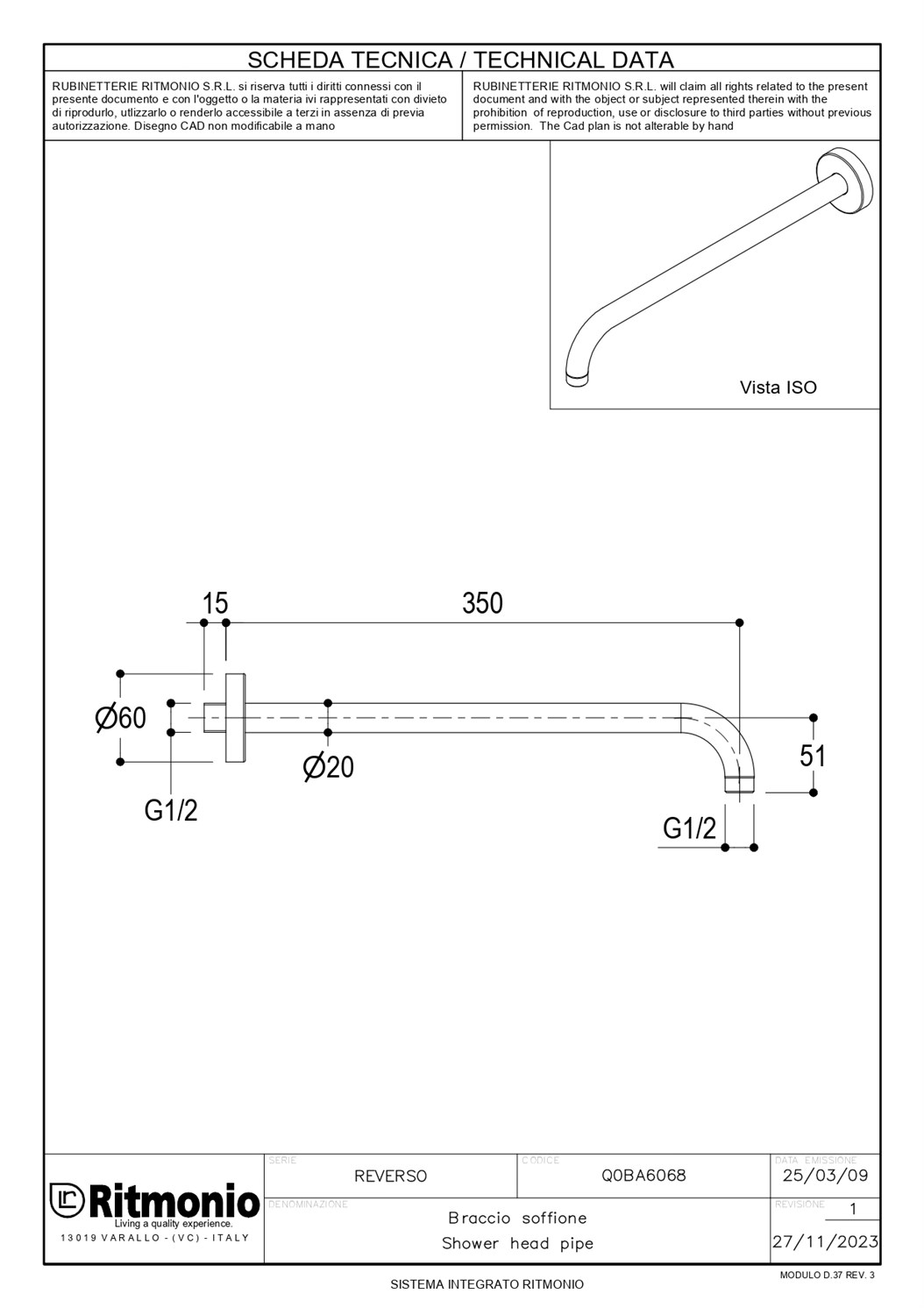 Ritmonio Reverso Кронштейн настенный для верхнего душа 35 см, цвет: crl chrome Q0BA6068CRL