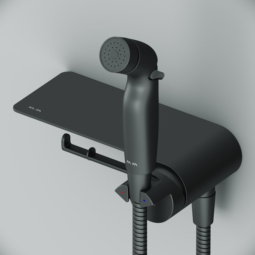 Am.Pm Func Гигиенический душ: смесит, ручной душ, шланг 120 см, полочка, цвет: черный матовый F0H8F922