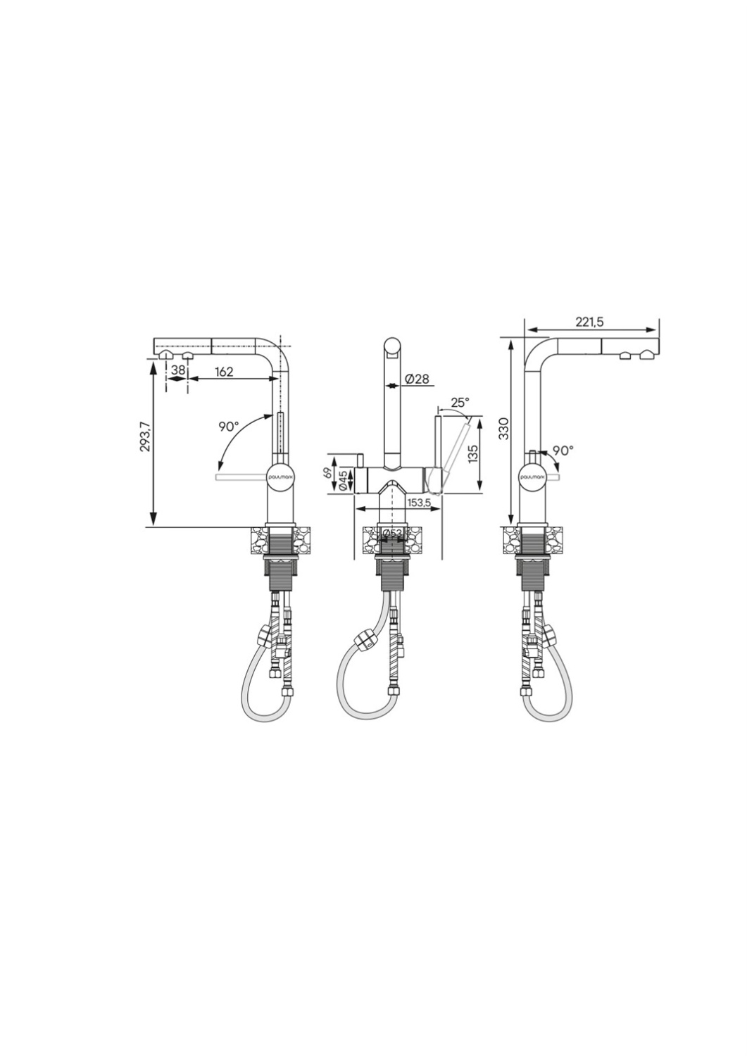 Paulmark Serpentine Смеситель для кухни с выдв. изливом и возм. подкл. фильтра, цвет: светлое золото Se213222-LG