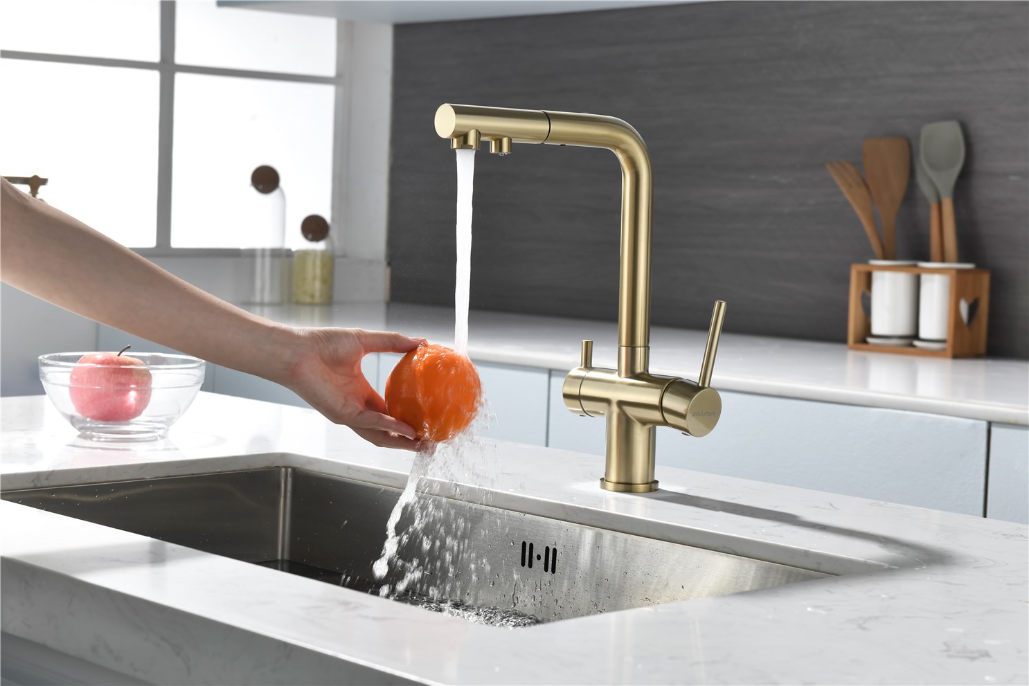 Paulmark Serpentine Смеситель для кухни с выдв. изливом и возм. подкл. фильтра, цвет: светлое золото Se213222-LG