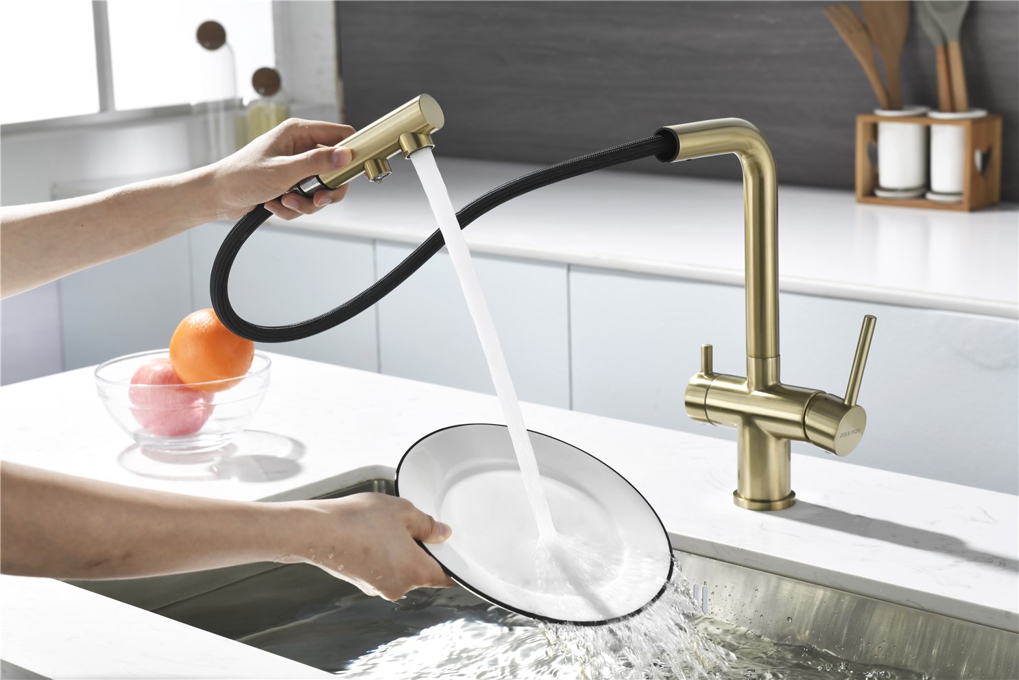 Paulmark Serpentine Смеситель для кухни с выдв. изливом и возм. подкл. фильтра, цвет: светлое золото Se213222-LG