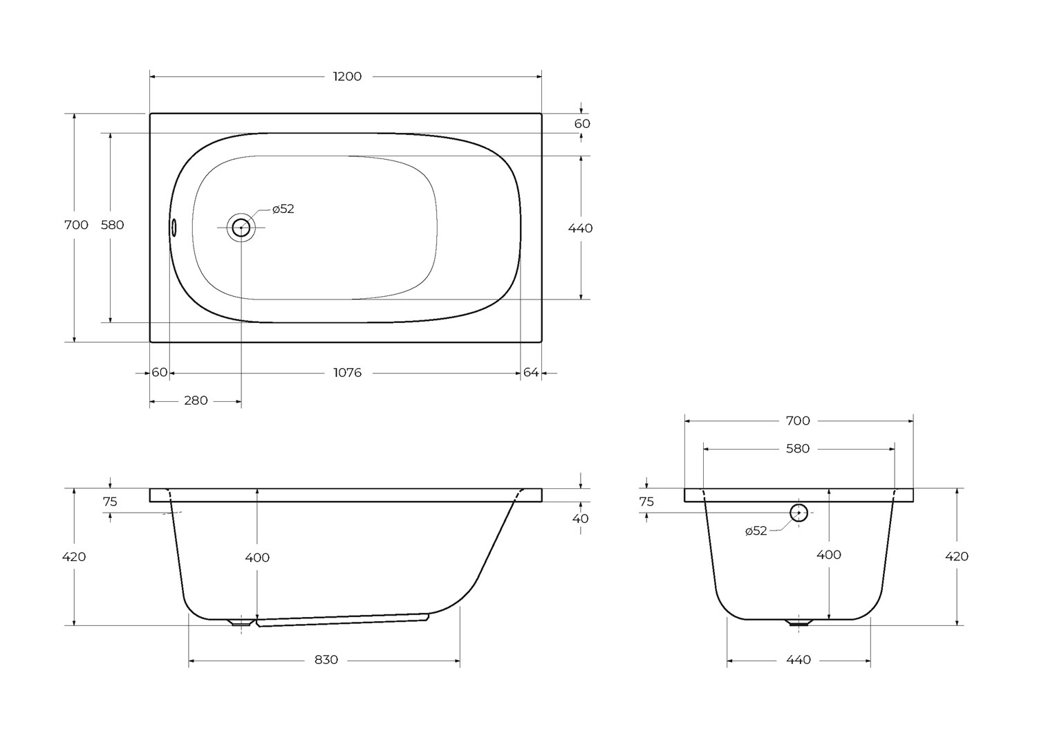 Cezares Eco Ванна акриловая встраиваемая 120x70 см, цвет: белый глянцевый ECO-120-70-40-W37