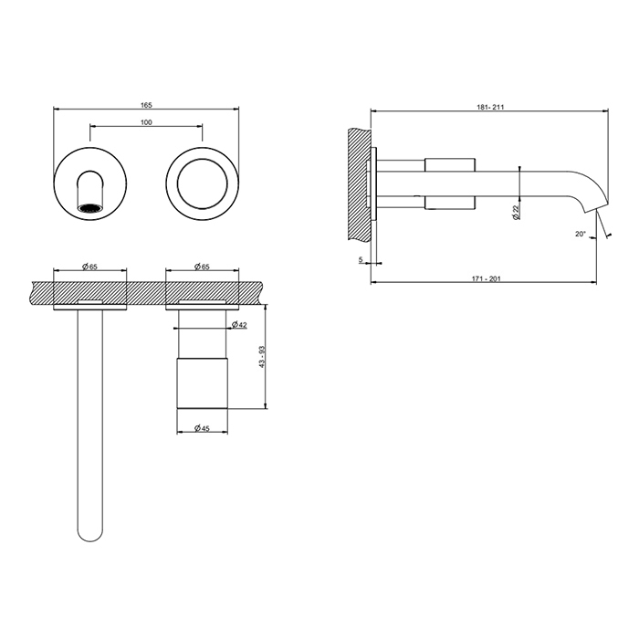 Gessi Habito Смеситель для раковины встраиваемый, без вн. части, длина излива 20,1 см, цвет: chrome 70088#031
