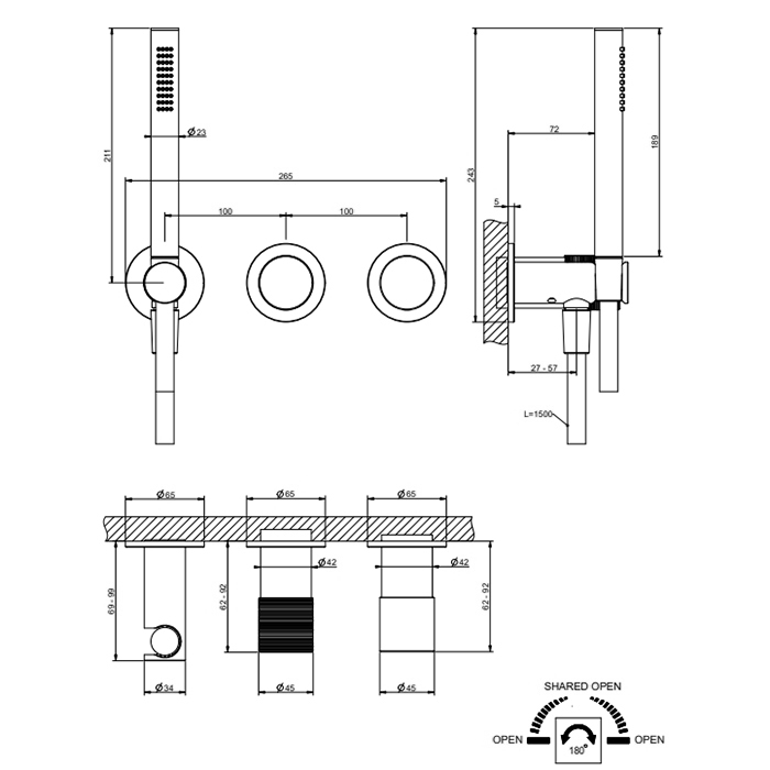Gessi Habito Смеситель для душа встраиваемый, внешняя часть, с ручным душем, цвет: chrome 70338#031