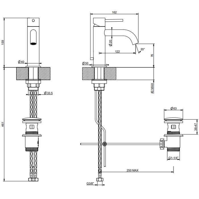 Gessi 316 Flessa Смеситель для раковины, с д/к, длина излива 12,2 см, цвет: warm bronze brushed PVD 54001#726
