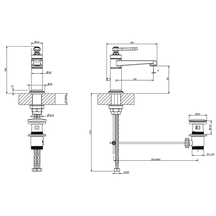 Gessi Venti20 Смеситель для раковины, с донным клапаном, длина излива 13,4 см, цвет: gold PVD 65001#246