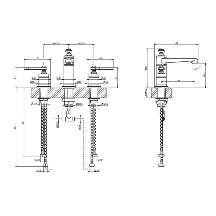 Gessi Venti20 Смеситель для раковины на 3 отв., без д/к, излив 13,4 см, цвет: finox brushed nickel 65014#149