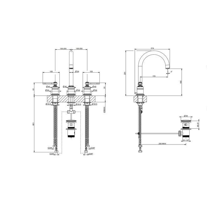 Gessi Venti20 Смеситель для раковины высокий на 3 отверстия, с д/к, цвет: finox brushed nickel 65015#149
