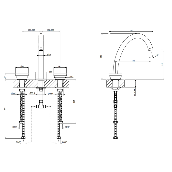 Gessi Origini Смеситель для раковины высокий на 3 отверстия, без д/к, цвет: copper brushed PVD 66014#708