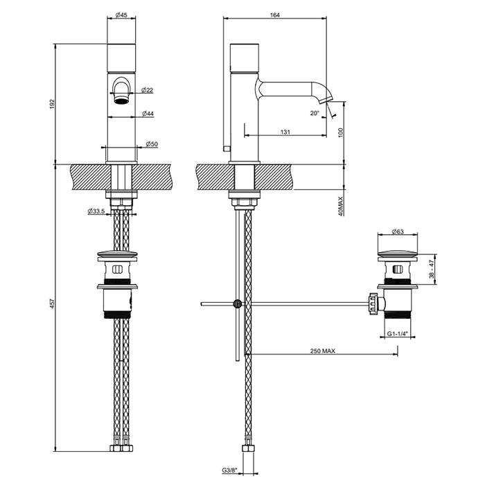 Gessi Habito Смеситель для раковины, с донным клапаном, длина излива 13,1 см, цвет: chrome 70001#031