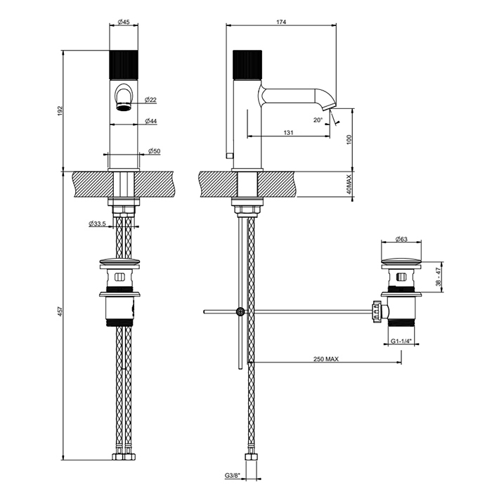 Gessi Habito Смеситель для раковины, с донным клапаном, длина излива 13,1 см, цвет: black metal PVD 70501#706