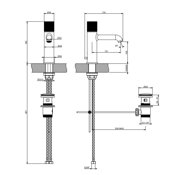 Gessi Habito Смеситель для раковины, с д/к, длина излива 13,1 см, цвет: black metal brushed PVD 70601#707