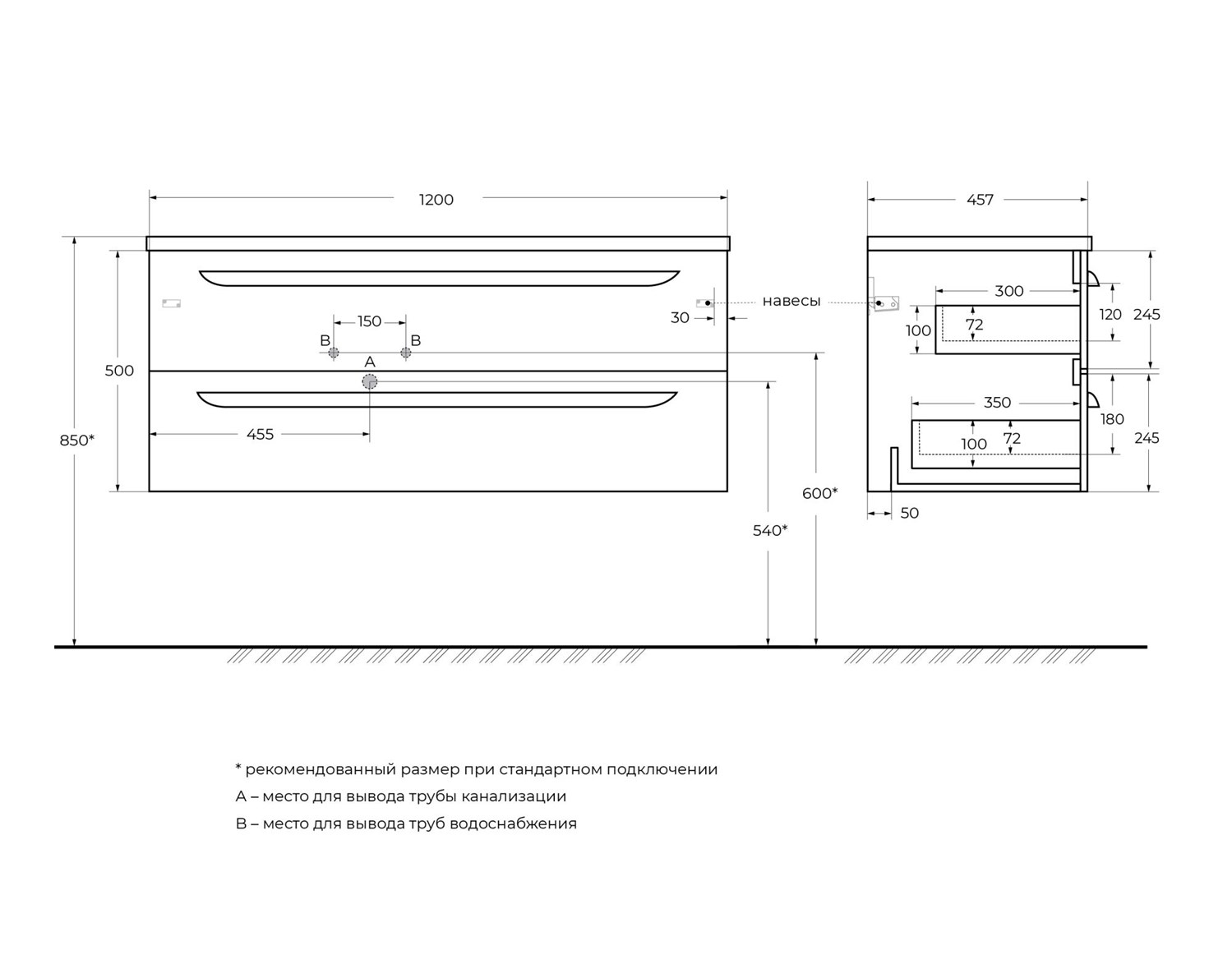 Cezares Eco Тумба под раковину подвесная 120x45,7x50h см, цвет: bianco lucido ECO-CER-N-1200-2C-SO-BL-L