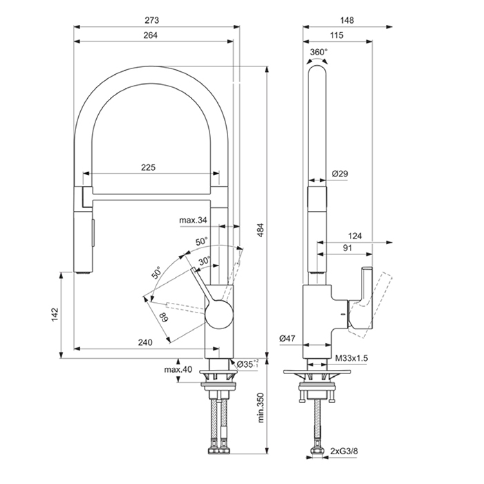 Ideal Standard Gusto Смеситель для кухни с выдвижным изливом, 2 типа струи, цвет: chrome BD417AA
