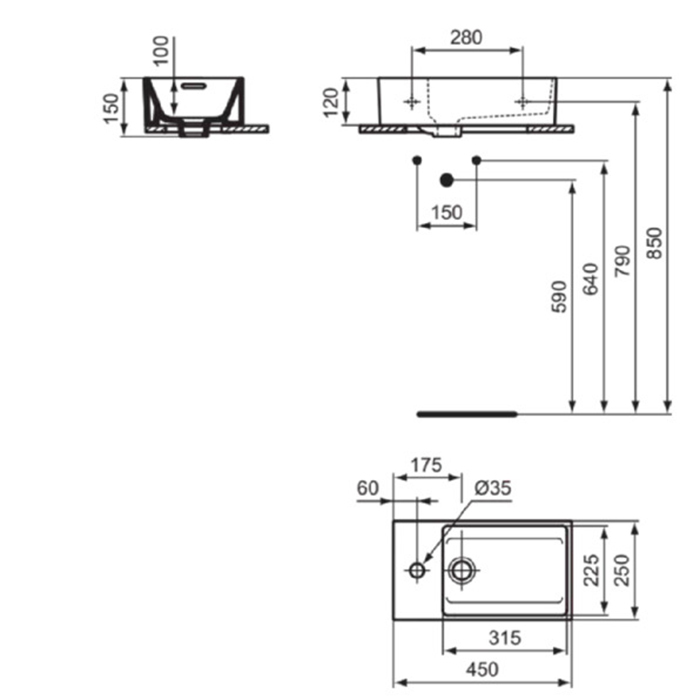Ideal Standard Extra Раковина подвесная 45х15 см, смеситель слева, без д/к, цвет: белый глянец T373301