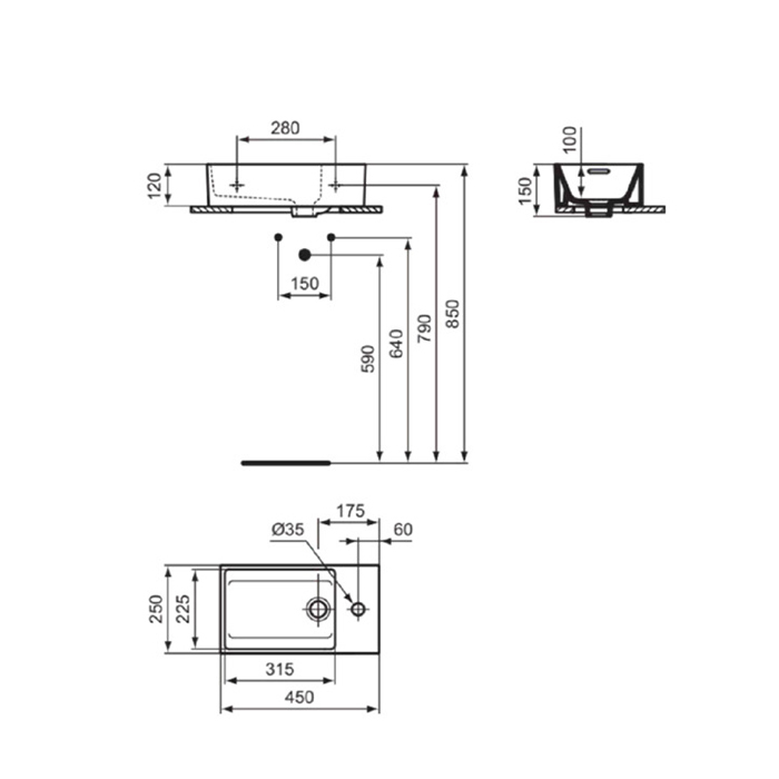 Ideal Standard Extra Раковина подвесная 45х15 см, смеситель справа, без д/к, цвет: белый глянец T373401