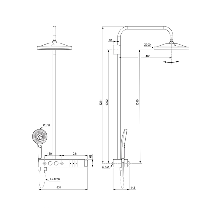 Ideal Standard Solos Душевая стойка: термостат, ручной и верхний душ, шланг, цвет: PVD brushed gold A7882A2