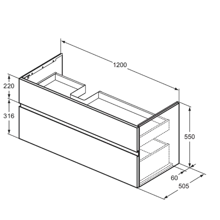Ideal Standard Finesse Тумба под раковину, подвесная 120х55х50,5h см, правое крыло, цвет: белый мат. E3447Y1