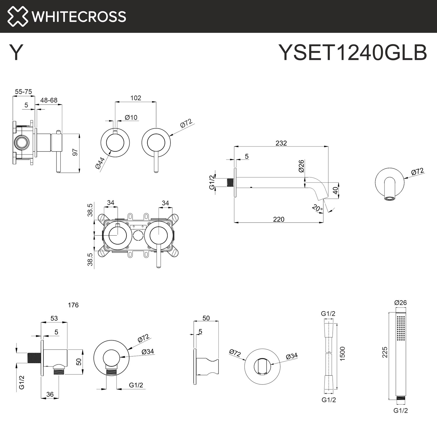 Whitecross Y Смеситель для ванны встраиваемый, на 2 потребителя, излив 22 см, цвет: браш. золото YSET1240GLB