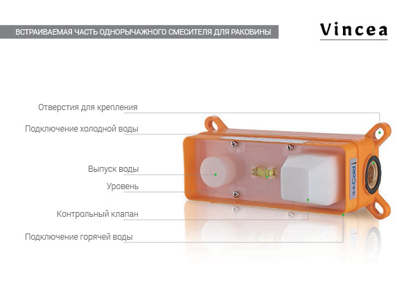 Vincea Desire Смеситель для раковины встраиваемый, излив 19,4 см, без д/к, цвет: браширован. золото VBFW-1D1BG