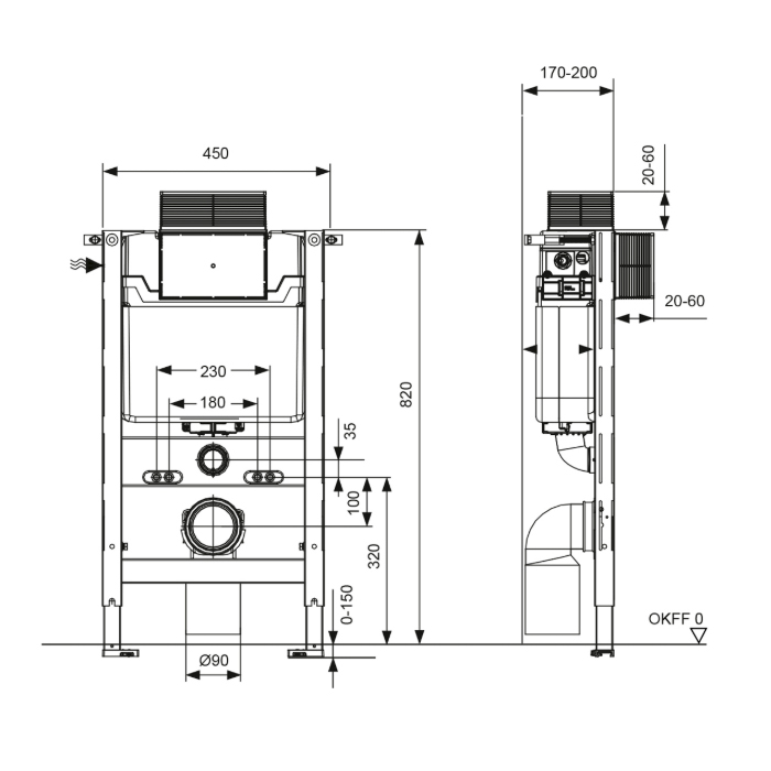 TECE Spring Инсталляция для унитаза 45x20 см, без кнопки смыва S300380