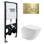 Abber Bequem Комплект: инсталляция, подвесной безободковый унитаз, кнопка смыва, цвет:золото матовое AC1100T-AC0105-AC0121MMG
