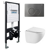 Abber Bequem Комплект: инсталляция, подвесной безободковый унитаз, кнопка смыва, цвет: никель AC1131TC-AC0105-AC0121NG