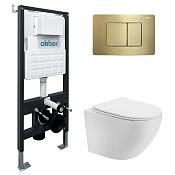 Abber Bequem Комплект: инсталляция, подвесной безободковый унитаз, кнопка смыва, цвет:золото матовое AC1100T-AC0105-AC0120MMG