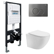 Abber Bequem Комплект: инсталляция, подвесной безободковый унитаз, кнопка смыва, цвет: никель AC1100T-AC0105-AC0121NG