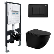 Abber Bequem Комплект: инсталляция, подвесной безободковый унитаз, кнопка смыва, цвет:черный матовый AC1100MB-AC0105-AC0120MB