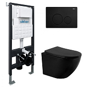 Abber Bequem Комплект: инсталляция, подвесной безободковый унитаз, кнопка смыва, цвет:черный матовый AC1100MB-AC0105-AC0121MB