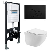 Abber Bequem Комплект: инсталляция, подвесной безободковый унитаз, кнопка смыва, цвет:черный матовый AC1100T-AC0105-AC0121MB