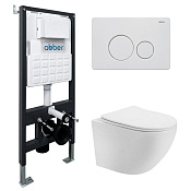 Abber Bequem Комплект: инсталляция, подвесной безободковый унитаз, кнопка смыва, цвет: белый матовый AC1100T-AC0105-AC0121MW