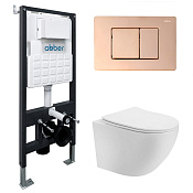 Abber Bequem Комплект: инсталляция, подвесной безободковый унитаз, кнопка смыва, цвет:розовое золото AC1100T-AC0105-AC0120RG