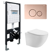 Abber Bequem Комплект: инсталляция, подвесной безободковый унитаз, кнопка смыва, цвет:розовое золото AC1100T-AC0105-AC0121RG