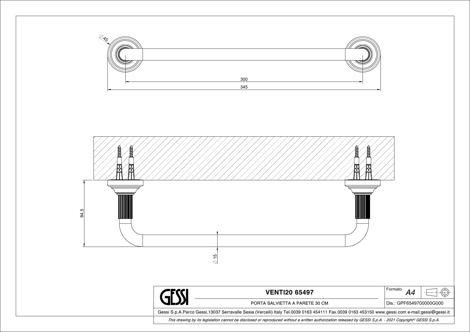Gessi Venti20 Полотенцедержатель 30 см, подвесной, цвет: gold PVD 65497#246