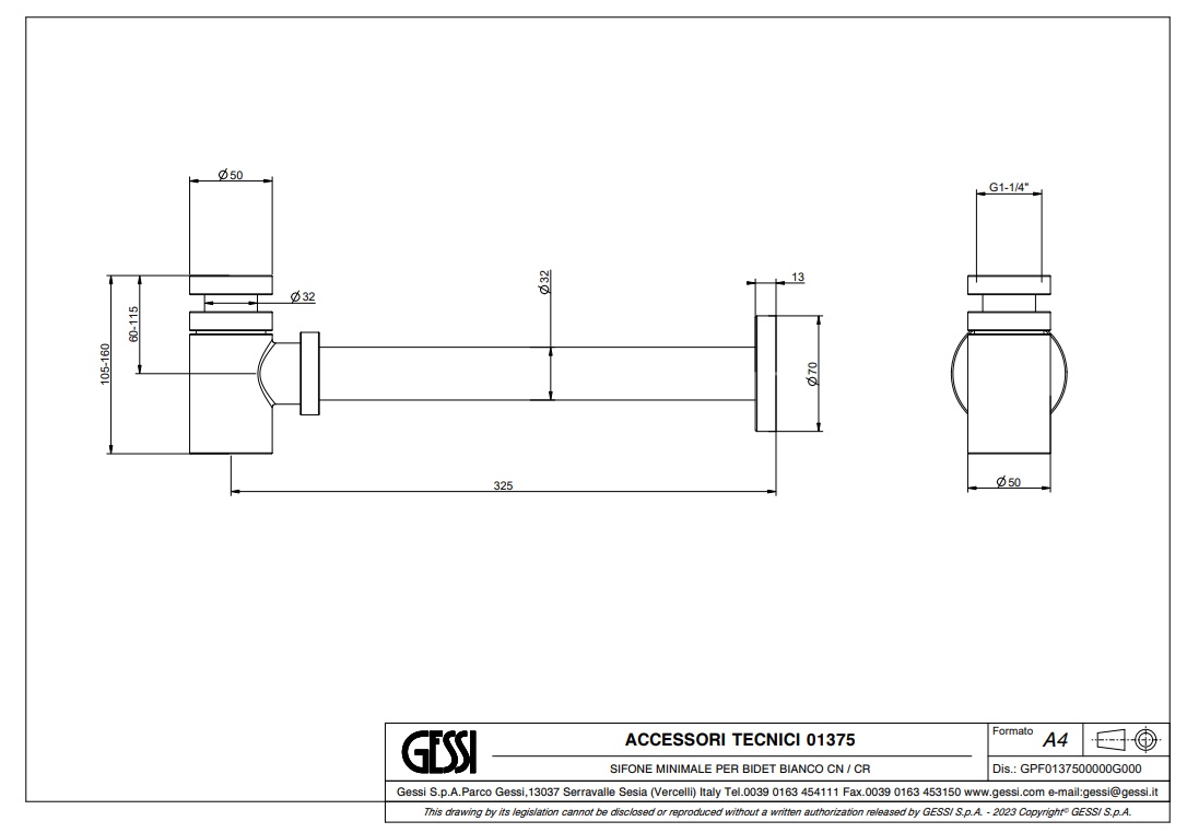 Gessi Сифон для биде бутылочный G 1 1/4, цвет: black metal brushed PVD 01375#707