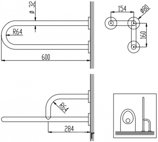 Nofer Поручень подвесной правый для людей с ограниченными возможн., 60 см, цвет: нержавеющая сталь 15047.S