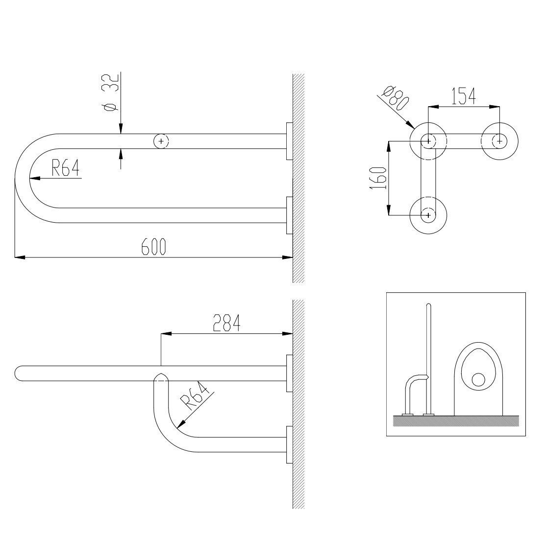 Nofer Поручень подвесной левый для людей с ограниченными возможн., 60 см, цвет: нержавеющая сталь 15048.S