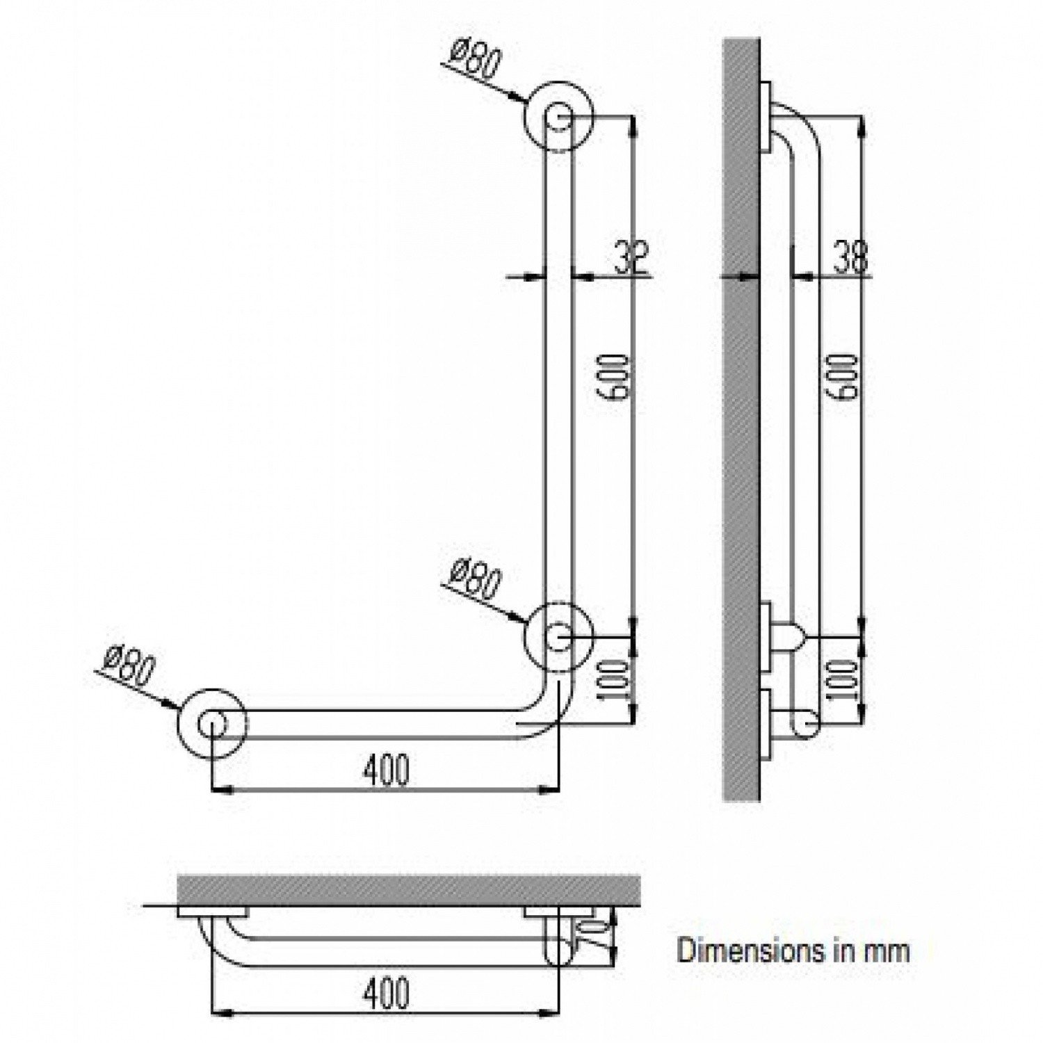 Nofer Поручень подвесной угловой левый 40 см, для людей с ограниченными возможн., цвет: нерж. сталь 15159.S