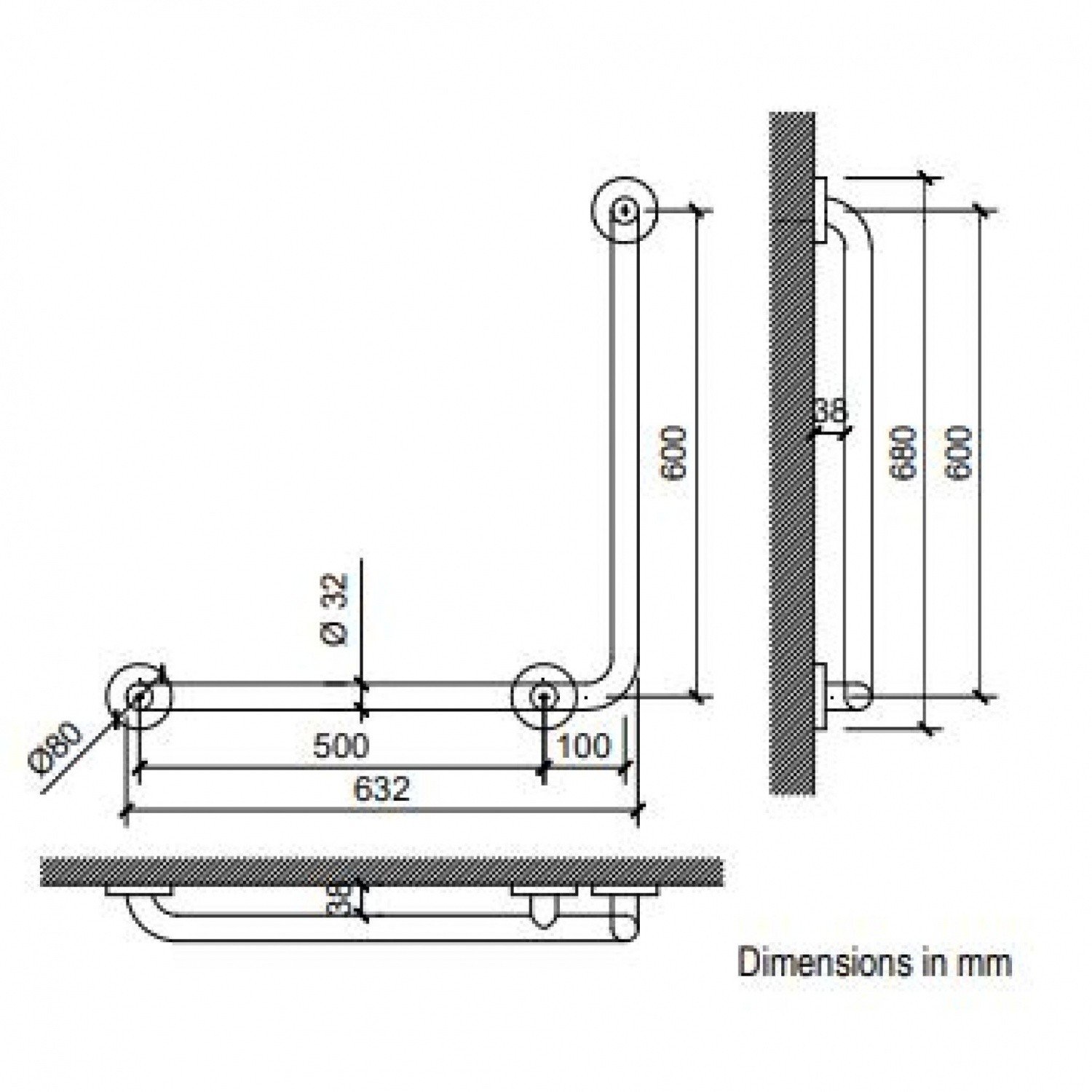 Nofer Поручень угловой подвесной 60 см для людей с ограниченными возмож., цвет: нержавеющая сталь 15060.B