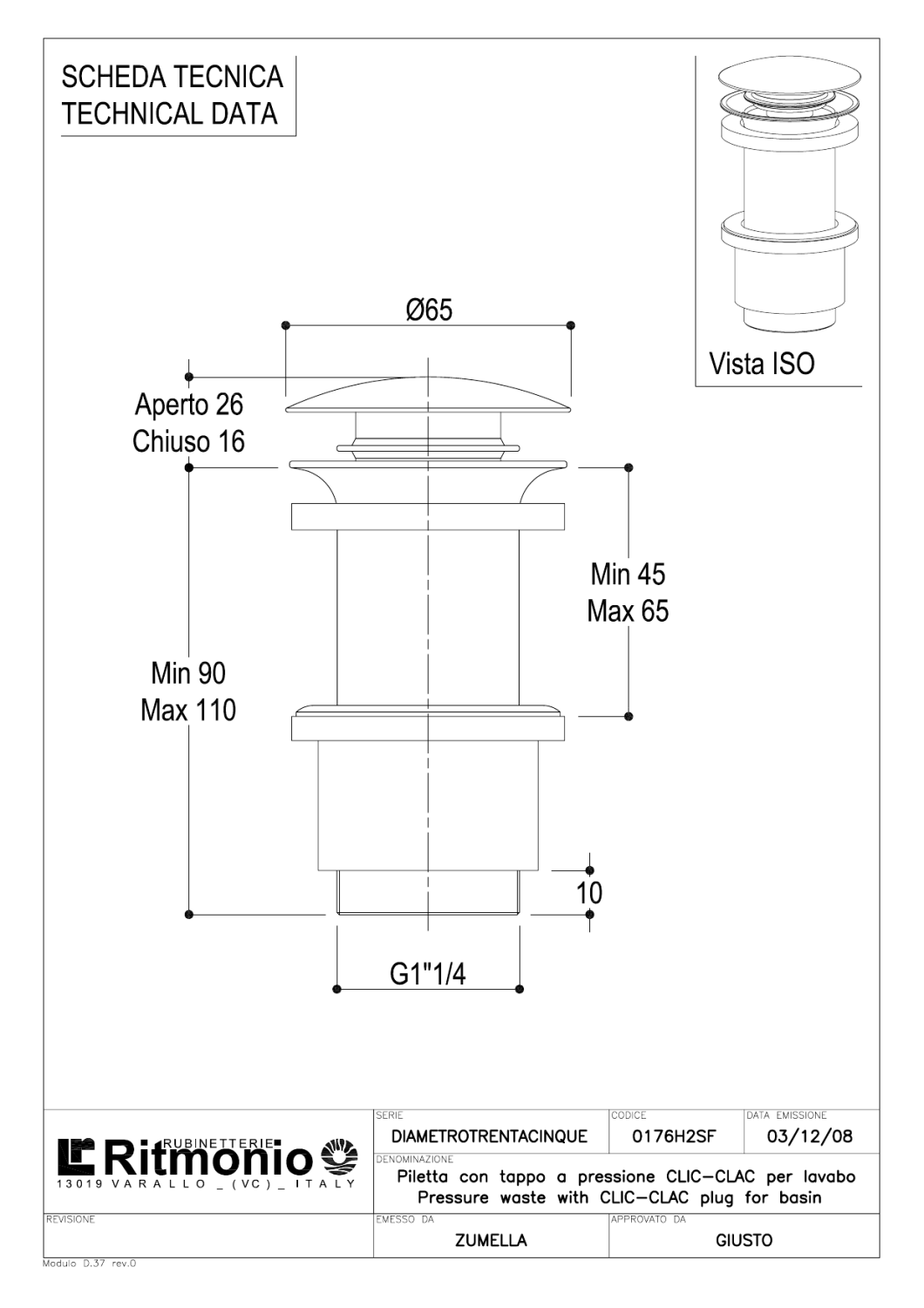 Ritmonio Донный клапан Click-Clack для раковины, без перелива, цвет: chrome E0BA0176H2SFCRL