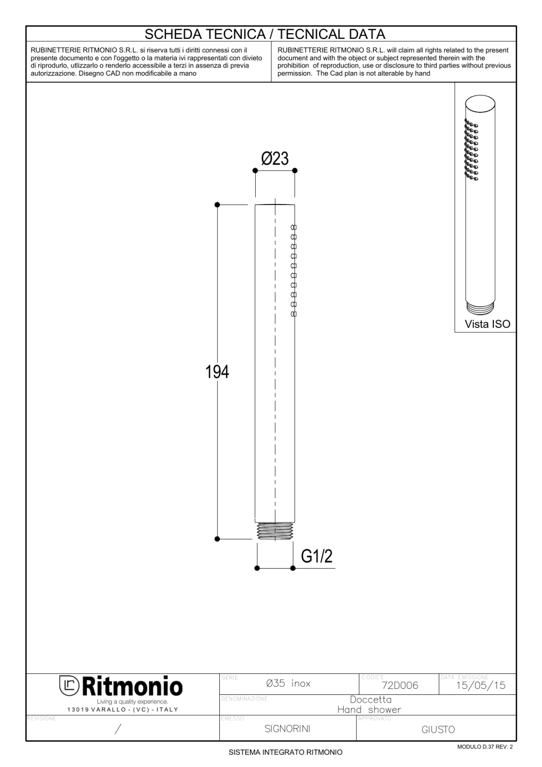 Ritmonio Hand showers Ручной душ, 1 вид струи, цвет: brushed stainless steel 72D006INOX