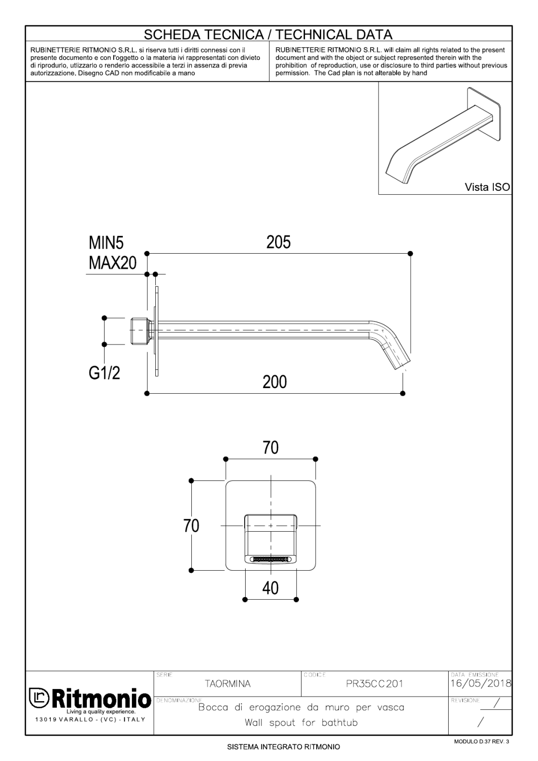 Ritmonio Spout Излив настенный для ванны 20 см, цвет: chrome PR35CC201CRL