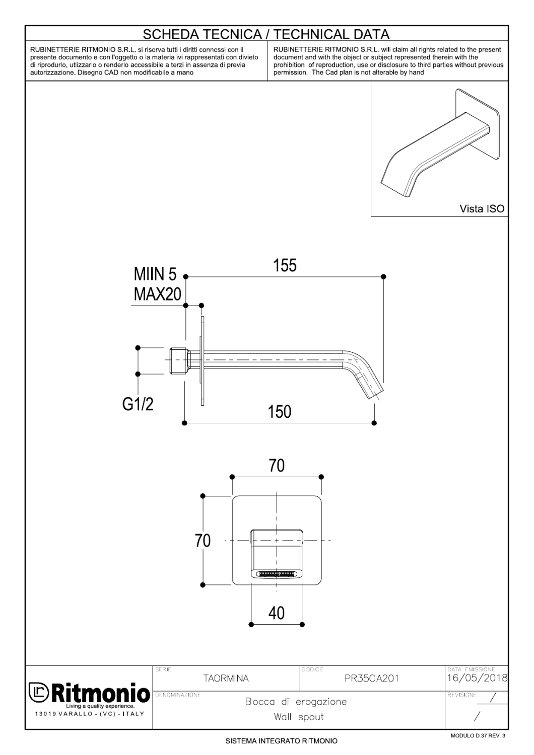 Ritmonio Spout Излив настенный для раковины 15 см, цвет: chrome PR35CA201CRL