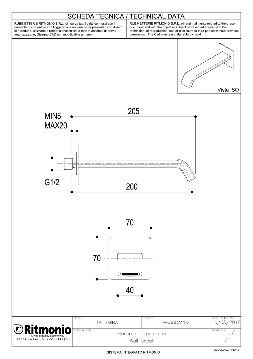 Ritmonio Spout Излив настенный для раковины 20 см, цвет: chrome PR35CA202CRL
